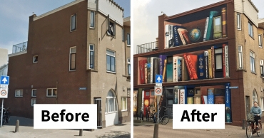 Un Artista holandés pinta una biblioteca enorme en un edificio de apartamentos que presenta los libros favoritos de los residentes
